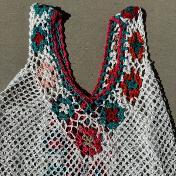 Crochet And Mesh Women’s Bathing Suit Coverup Dress, White And Floral, Size Lg - Picture 2 of 6